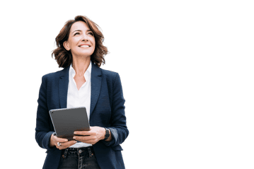 Smiling businesswoman holding tablet, looking up optimistically.