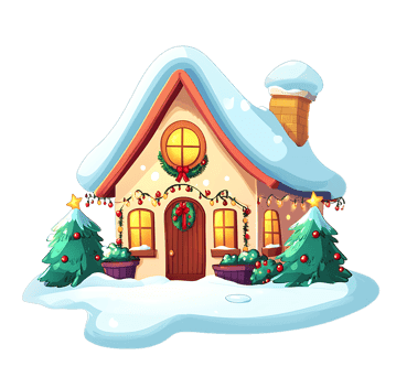 Snow covered house decorated for Christmas