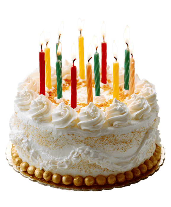 A delicious birthday cake with lit candles.