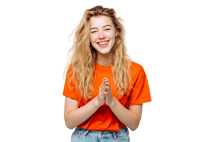 Happy woman with clapping hands, celebrating success.