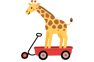 Cartoon giraffe riding in a red wagon