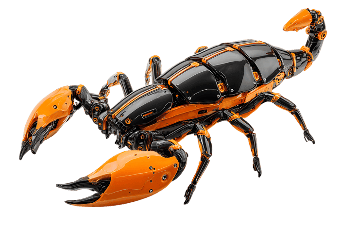 Cyberpunk scorpion robot, black and orange, isolated on black background.