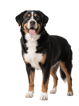 Greater swiss mountain dog standing with happy expression