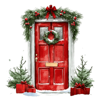 Red door decorated for Christmas with wreath, garland, and gifts.