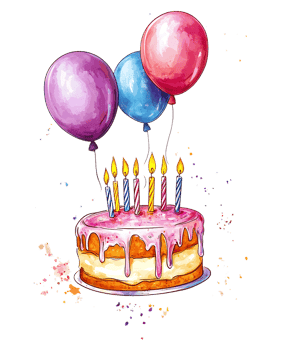 Delicious birthday cake with candles and balloons