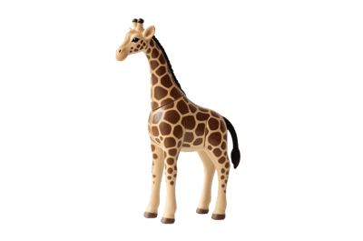Toy giraffe with brown spots, standing tall