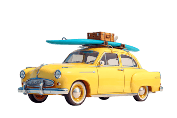 Vintage car with surfboard and luggage