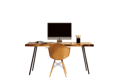 Empty workspace with computer and chair at night
