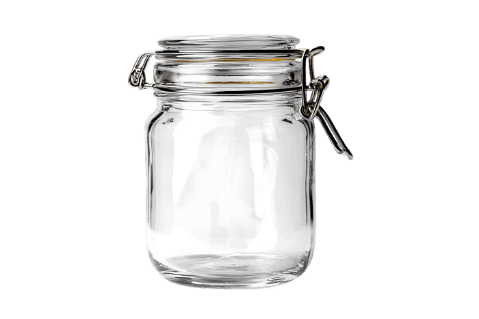 Empty glass jar with a metal clamp lid.