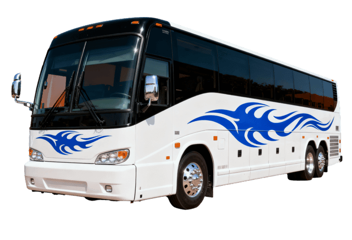 White passenger bus with blue flame design