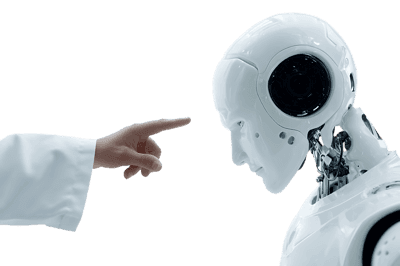 Human hand pointing at a robot's head.