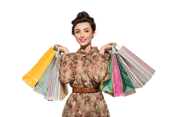 Smiling woman holding colorful shopping bags. Retail therapy, consumerism, shopping concept.