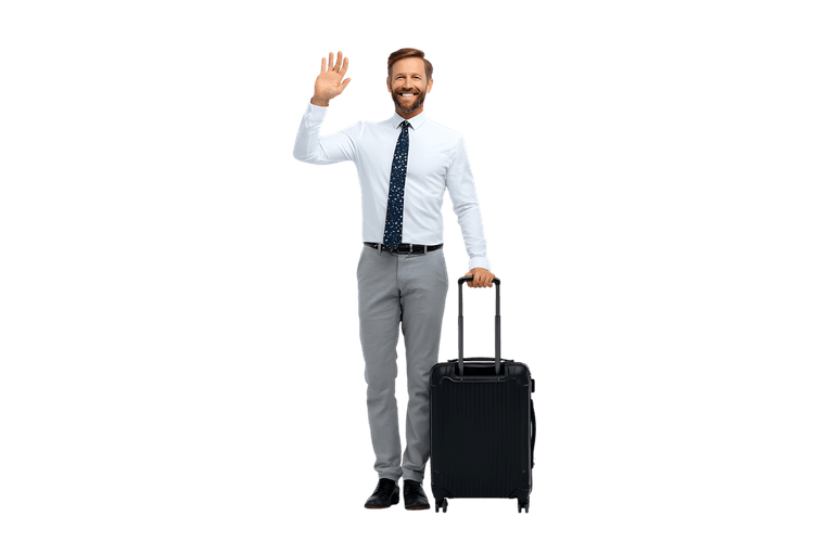 Businessman waving goodbye with suitcase.