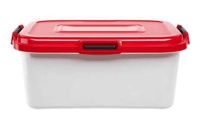 Red and white plastic storage container with lid and handles.