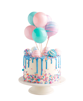 Festive birthday cake with pastel balloons.