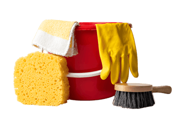 Cleaning supplies,  bucket, gloves, sponge, brush