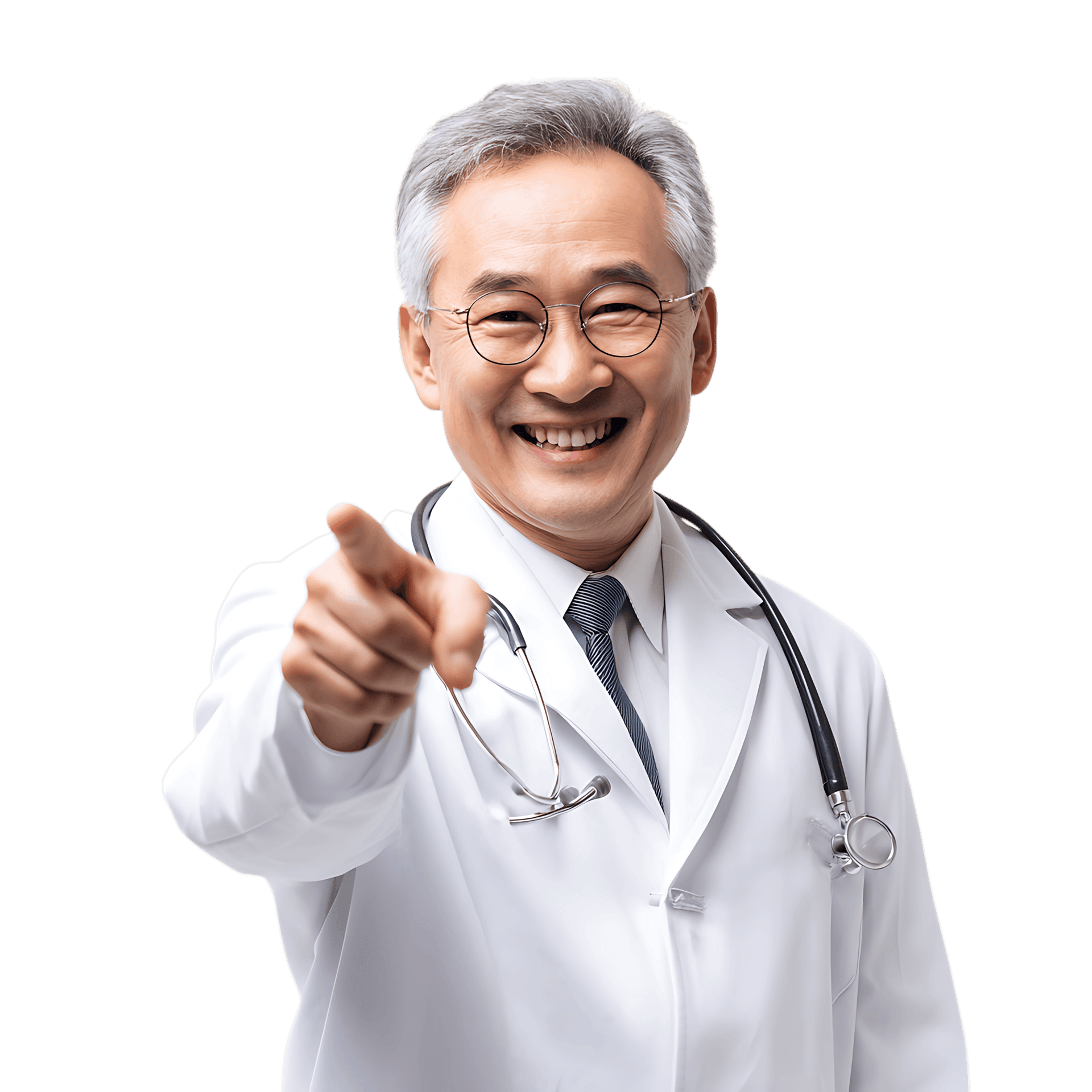 Smiling Asian doctor points at you.