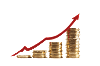 Stacks of gold coins with upward red arrow.  Financial success, wealth, investment.