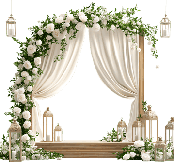 Romantic wedding backdrop with flowers and lanterns