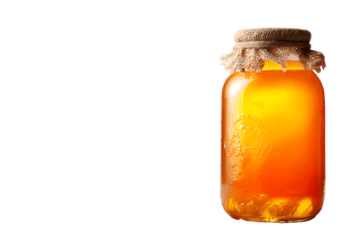 Illuminated glass jar of golden honey with rustic twine lid, isolated on white background
