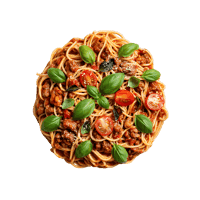 Delicious spaghetti bolognese with basil and cherry tomatoes.