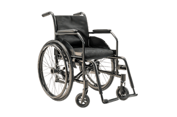 Sleek, black wheelchair on black background.