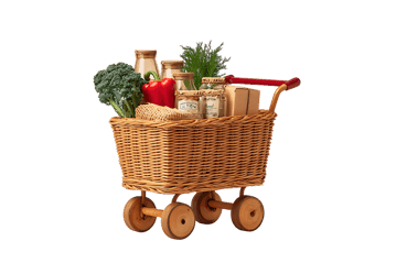Wicker shopping cart with groceries.