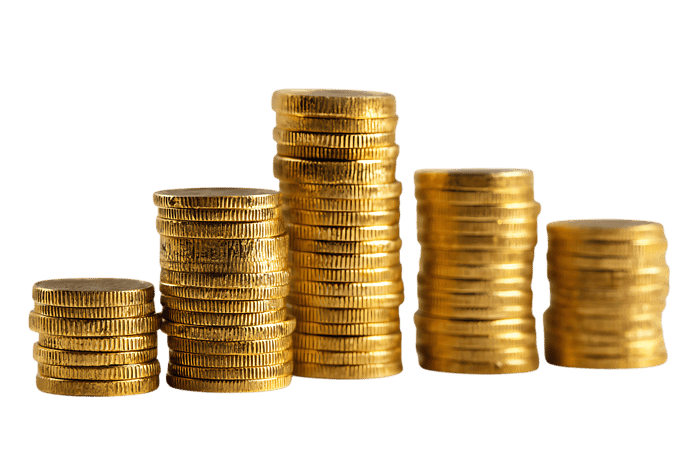 Stacks of gold coins show growth.