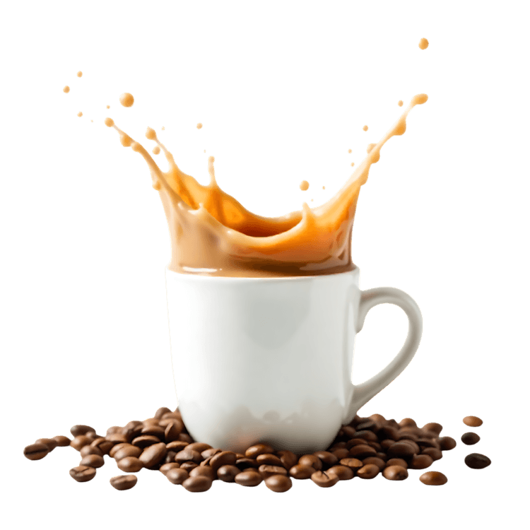 Coffee splash in white mug with coffee beans