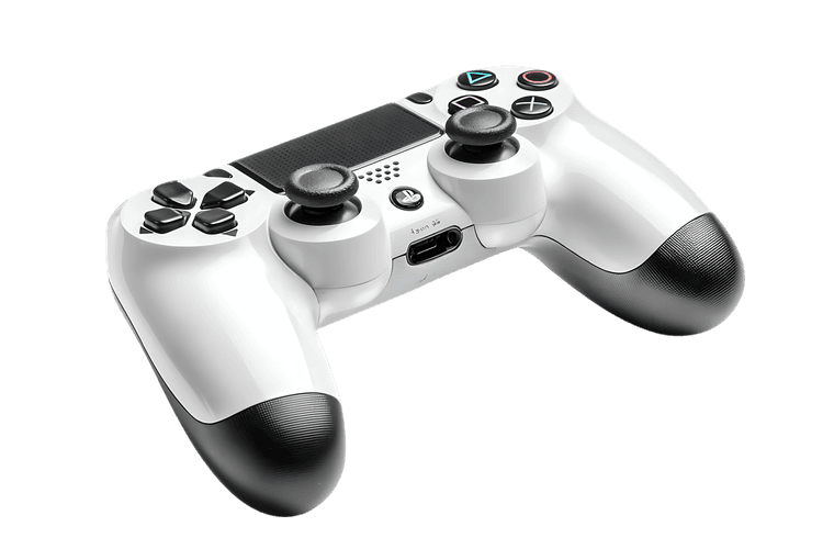 White and black PS4 controller isolated on black background