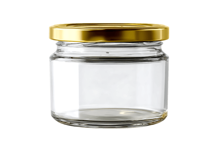 Small clear glass jar with a gold metal lid, isolated on black background.