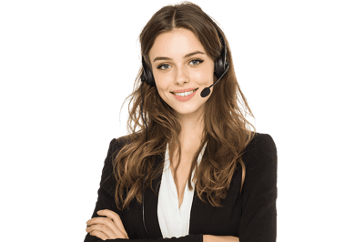 Smiling customer service representative wearing a headset.