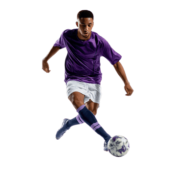 Skilled soccer player dribbling with power and precision.