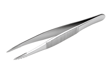 Close up of stainless steel tweezers.
