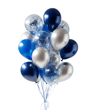 A celebratory bunch of blue and silver balloons.