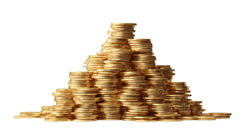 Golden coins piled high in a pyramid shape.