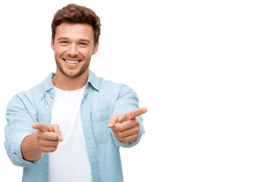 Happy man pointing at you, friendly gesture.