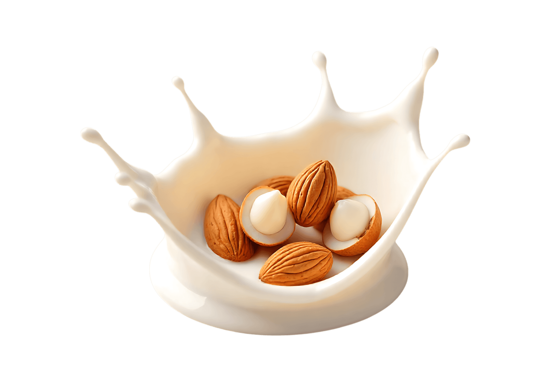 Almonds creating a splash crown in milk, showcasing the perfect blend of nuts and dairy