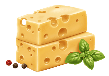 Two slices of Swiss cheese with basil and peppercorns.