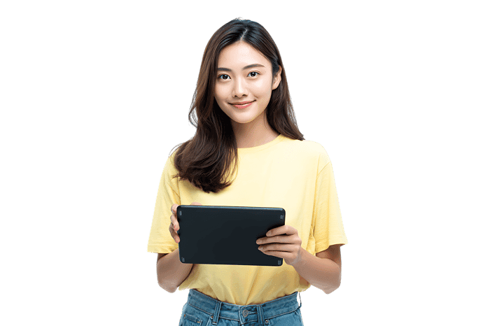 Smiling young woman using a tablet.