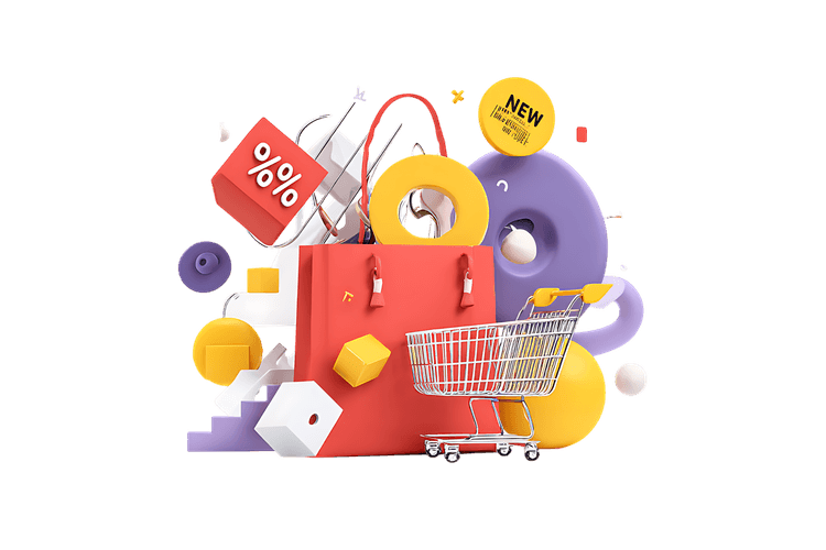 3D render of shopping bag, cart, and sale icons.  Perfect for e commerce and retail.