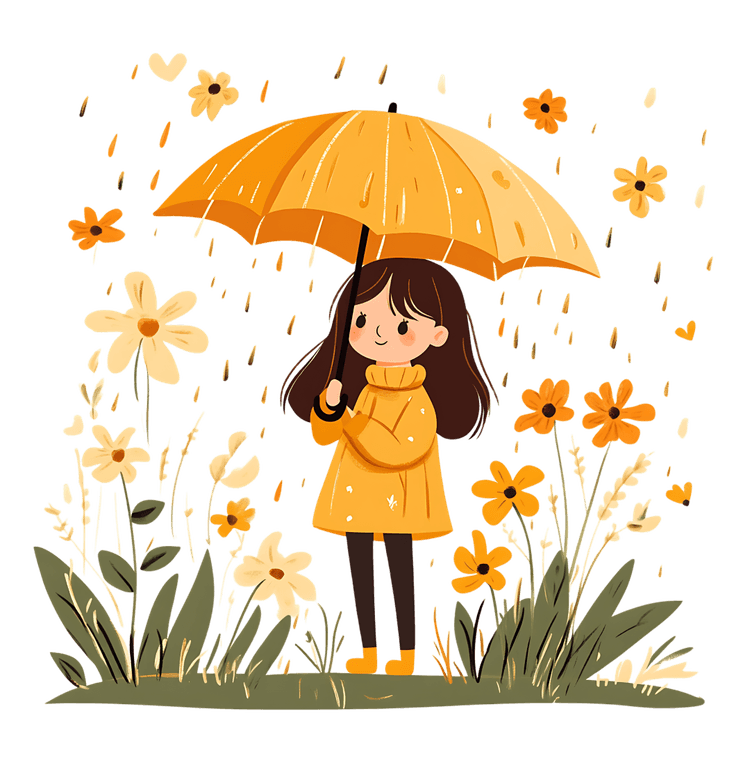 Rainy day illustration, cute girl, flowers, umbrella