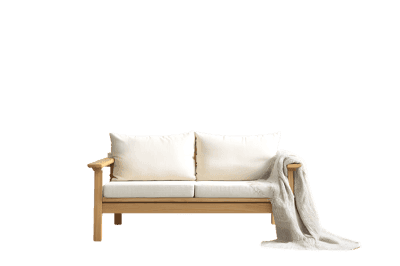 Cozy wooden sofa with white cushions and a soft throw blanket