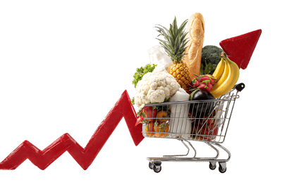 Rising food prices concept. Shopping cart overflowing with groceries and a red arrow pointing upwards.