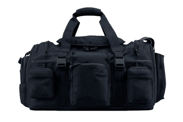 Dark colored duffel bag with multiple pockets