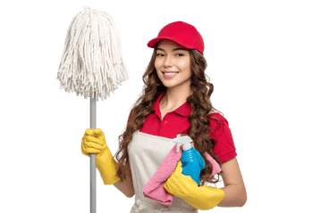 Happy young woman in cleaning uniform ready to work.