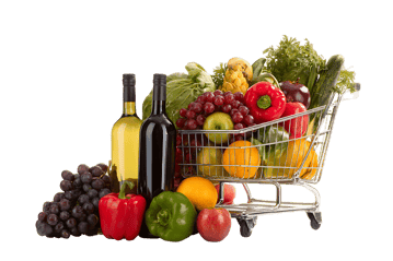 Fresh fruits, vegetables, and wine in a shopping cart668.