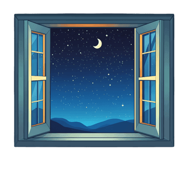 Open window at night, stars, moon, mountains